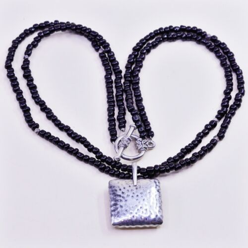 Silpada Sterling Silver Handmade Necklace, Black Glass Beads W/ Hammered pendant