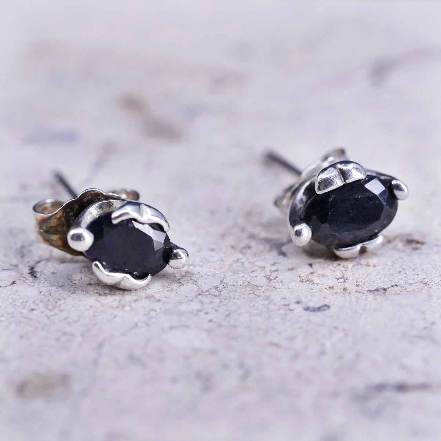 Vintage sterling silver handmade earrings, 925 oval studs with onyx inlay