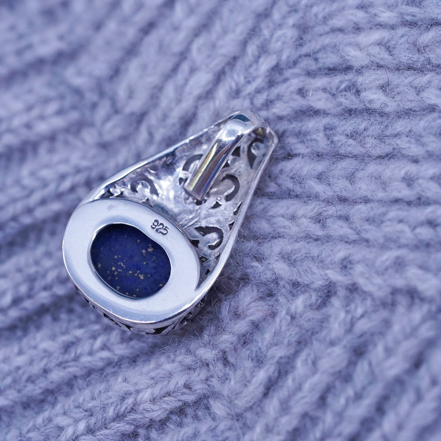 Vintage Sterling silver handmade pendant, 925 filigree teardrop w/ lapis lazuli
