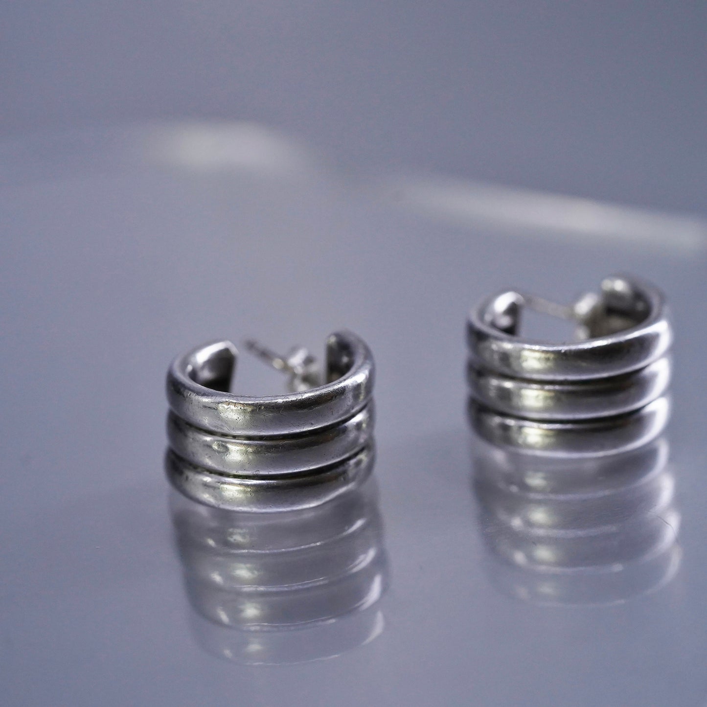 0.75”, vintage Sterling silver handmade earrings, modern 925 wide huggie studs