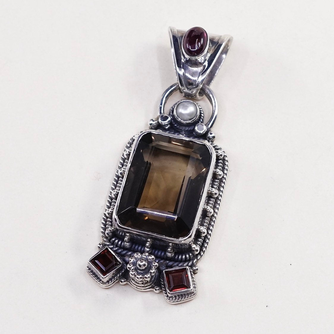 VTG sterling silver handmade pendant, 925 w/ smoky topaz and ruby, pearl