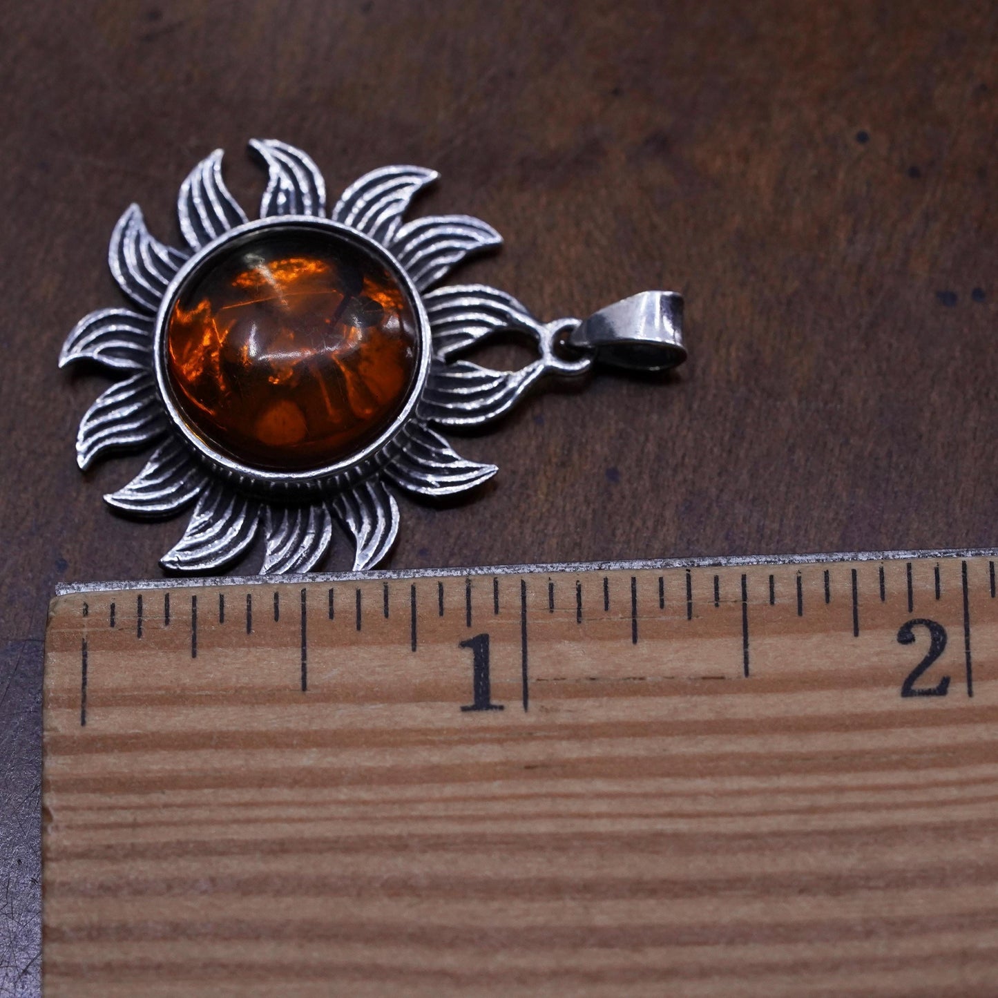 Vintage Sterling 925 silver handmade sun pendant with amber