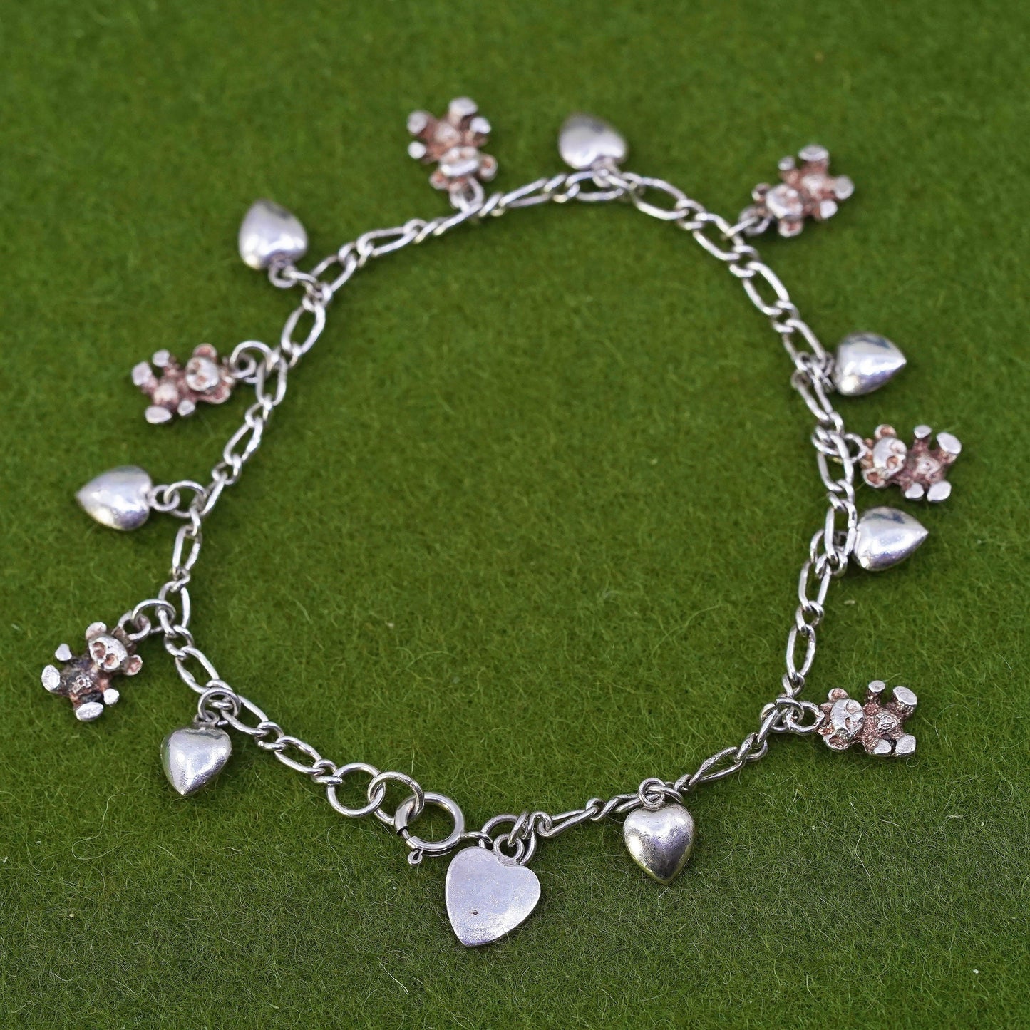 7", Vintage sterling 925 silver figaro bracelet with heart teddy bear charms