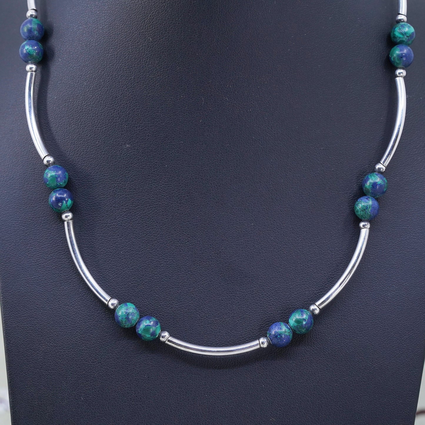 18”, Vintage Sterling silver handmade necklace, 925 curvy bar turquoise beads