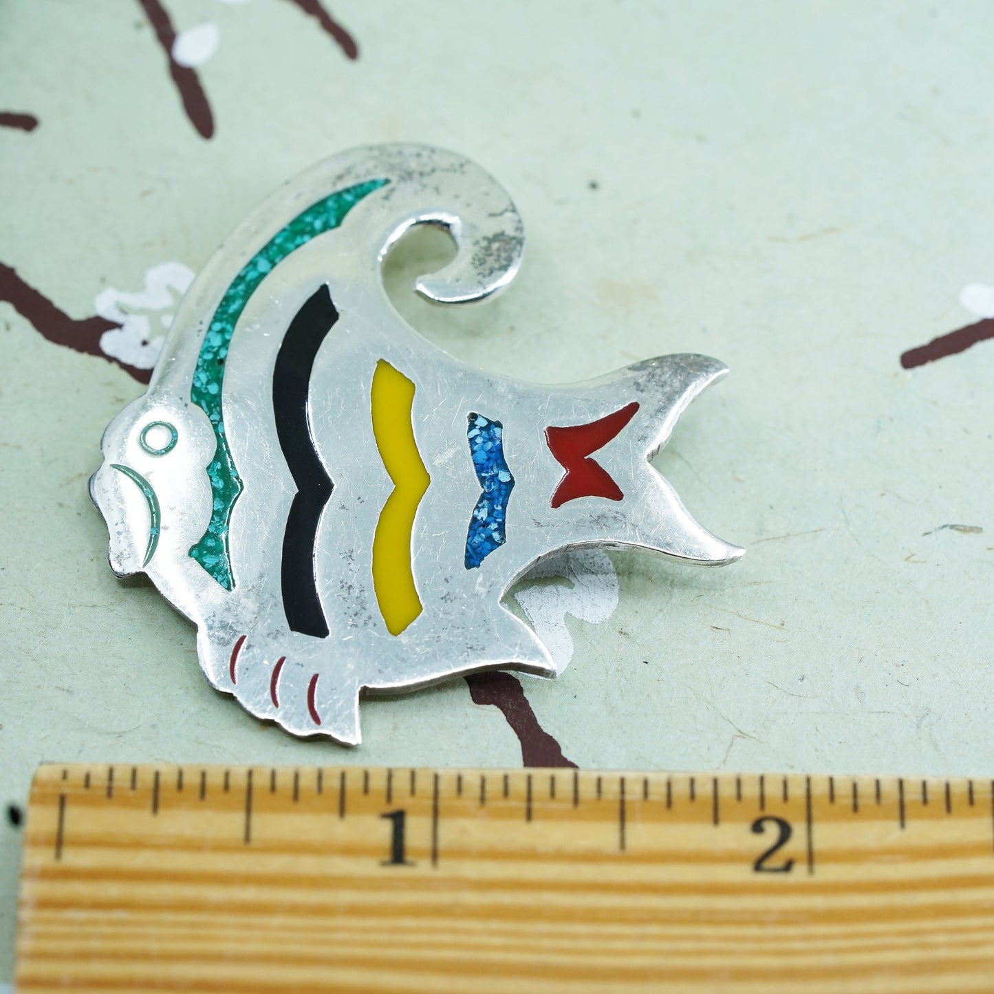 Vintage taxco Sterling silver handmade brooch, 925 fish pin w/ turquoise chips