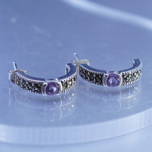 0.5”, vintage Sterling silver earrings, 925 Huggie with amethyst and Marcasite