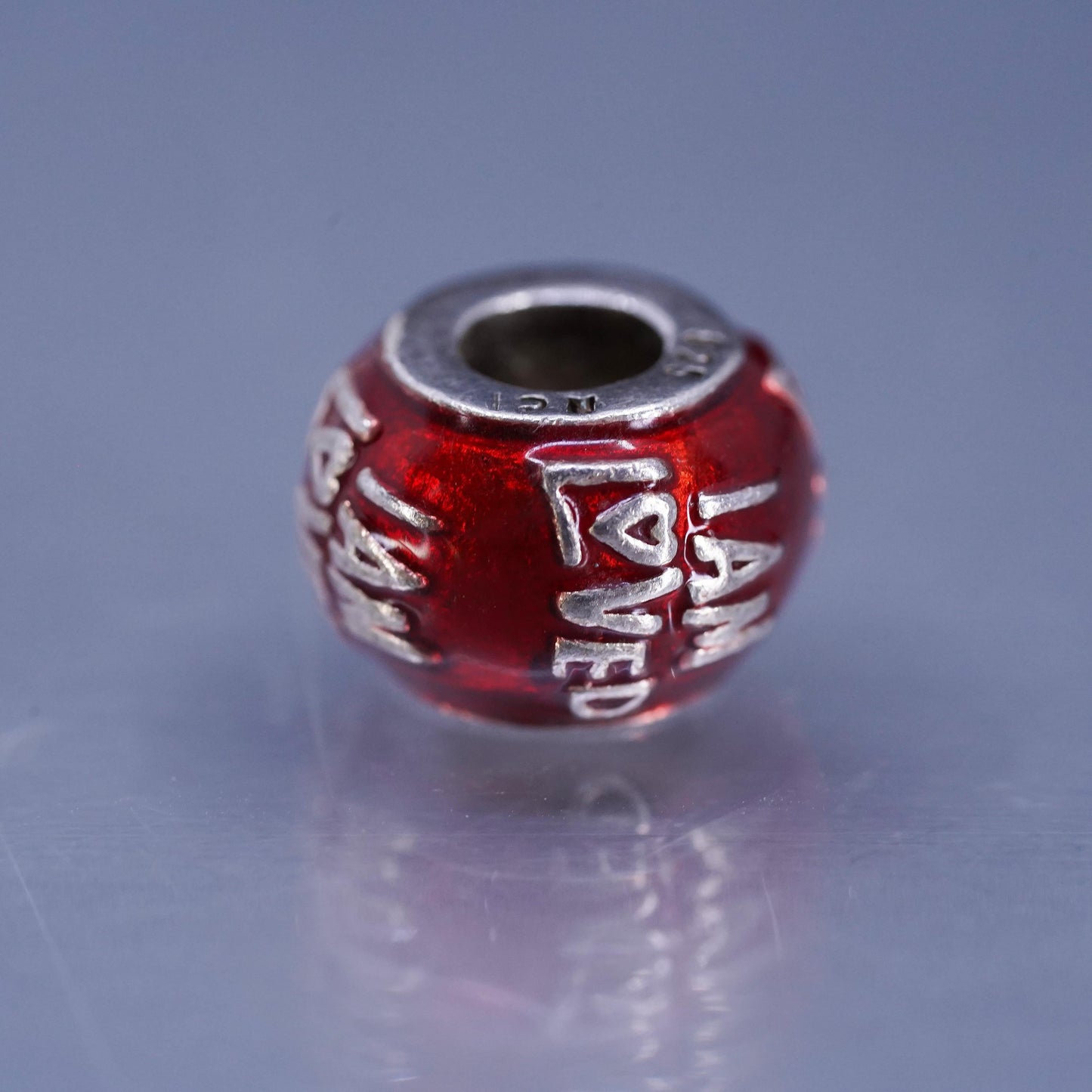 VTG Sterling silver handmade charm, 925 red enamel bead embossed “I’m Loved”