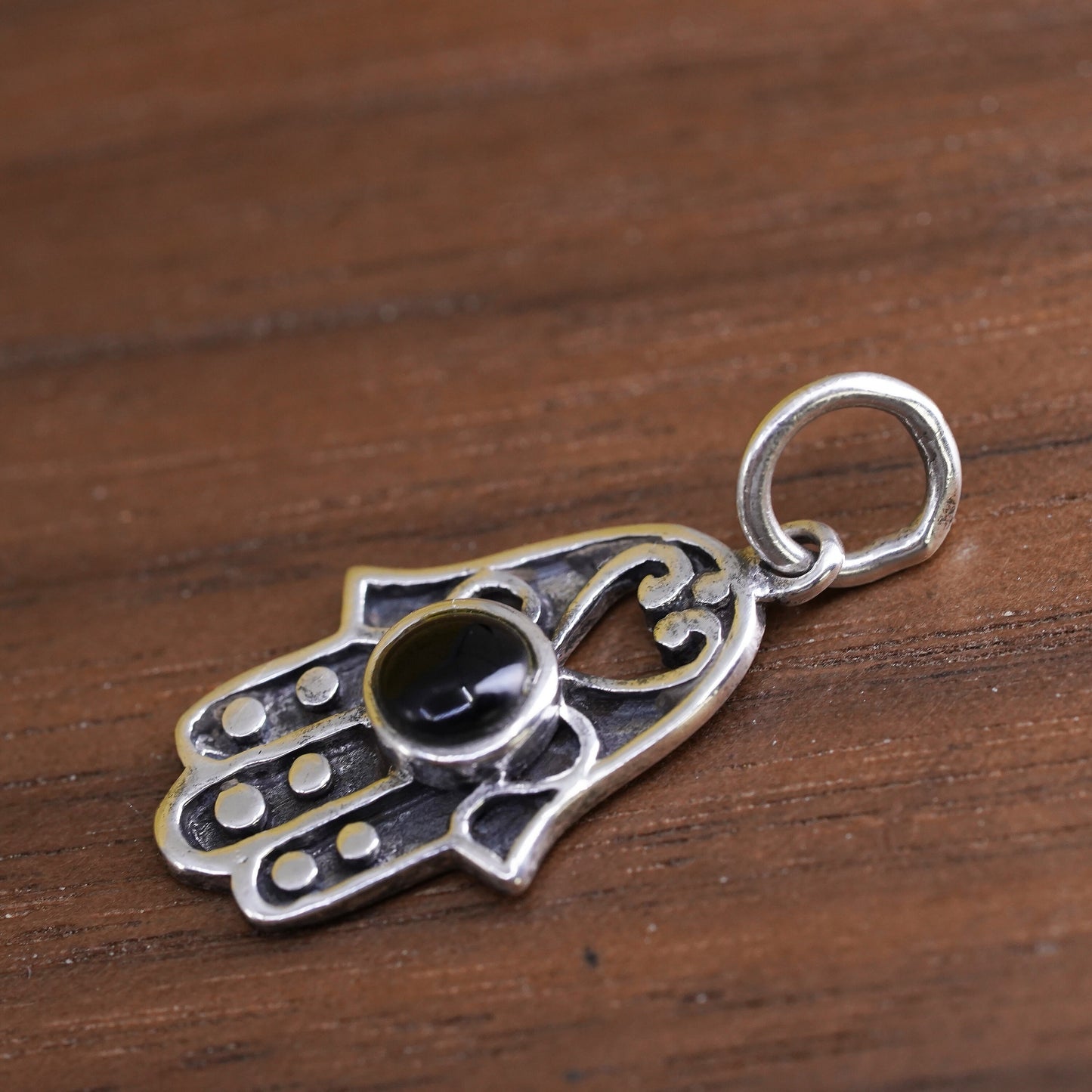 Vintage Sterling 925 silver handmade hamsa healing hand charm pendant with onyx