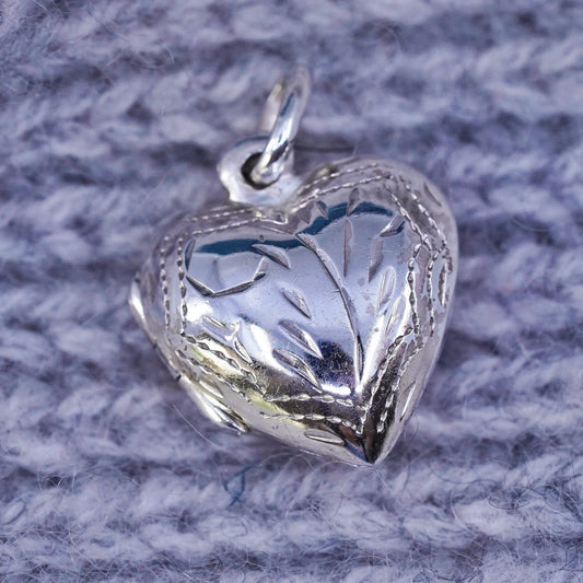 Vintage Sterling silver handmade pendant, 925 heart photo locket with floral