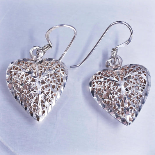 Vintage Sterling 925 silver handmade filigree puffy heart earrings