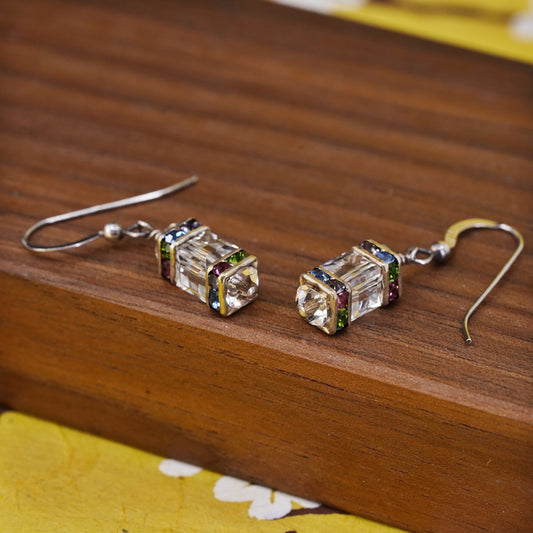Vintage Sterling silver handmade earrings, 925 hooks with cube CZ