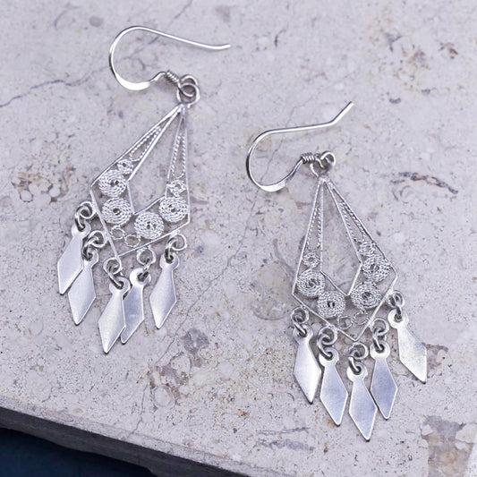 Vintage sterling silver handmade earrings, 925 filigree teardrop dangles