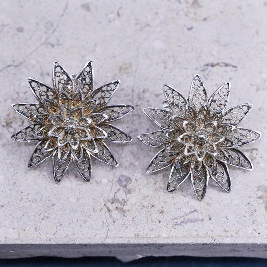 Vintage sterling silver handmade earrings, 925 filigree flower studs