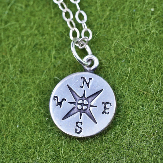 18”, sterling silver necklace, 925 flatten circle chain with compass pendant