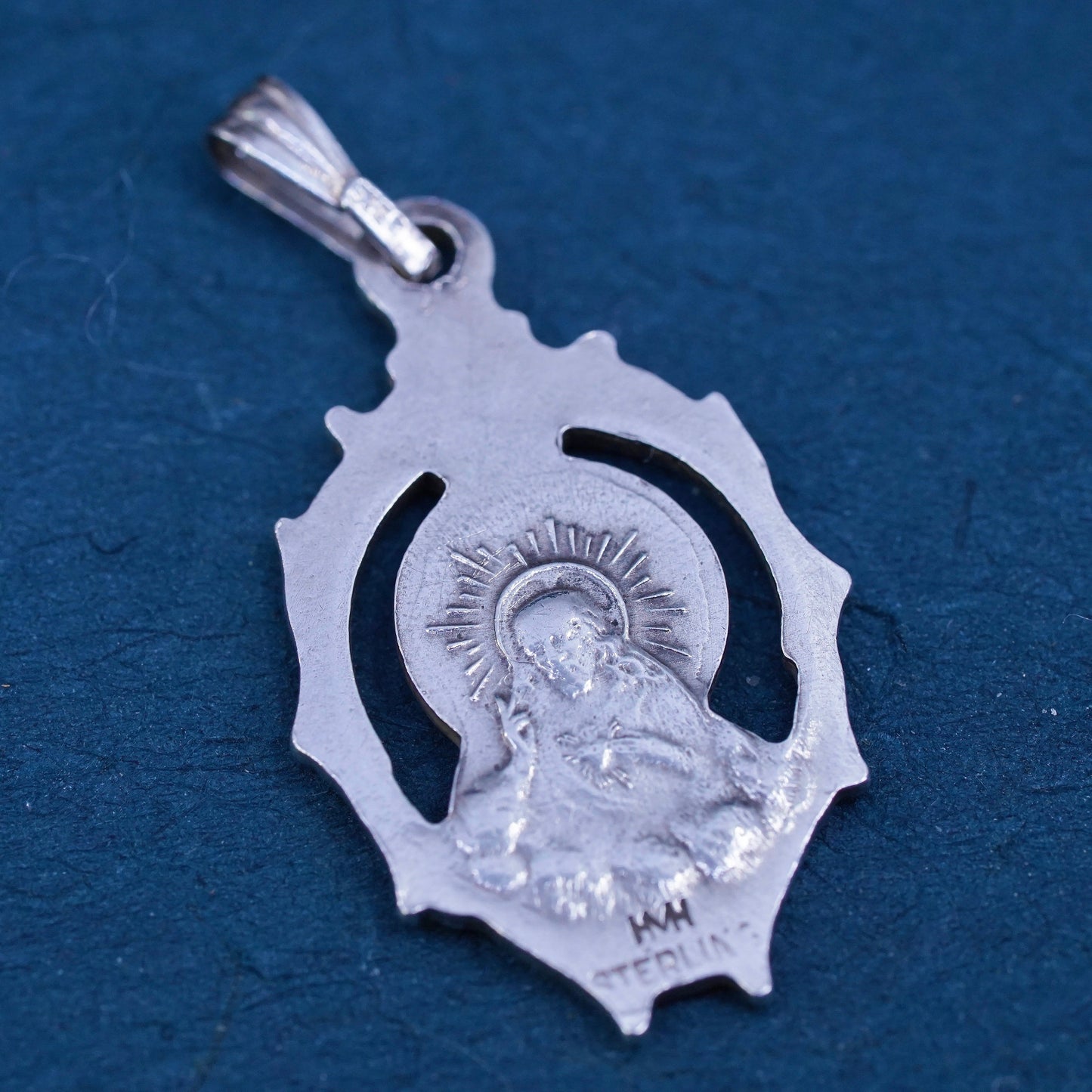 Vintage Sterling silver handmade pendant, 925 relief Jesus Virgin Mary charm