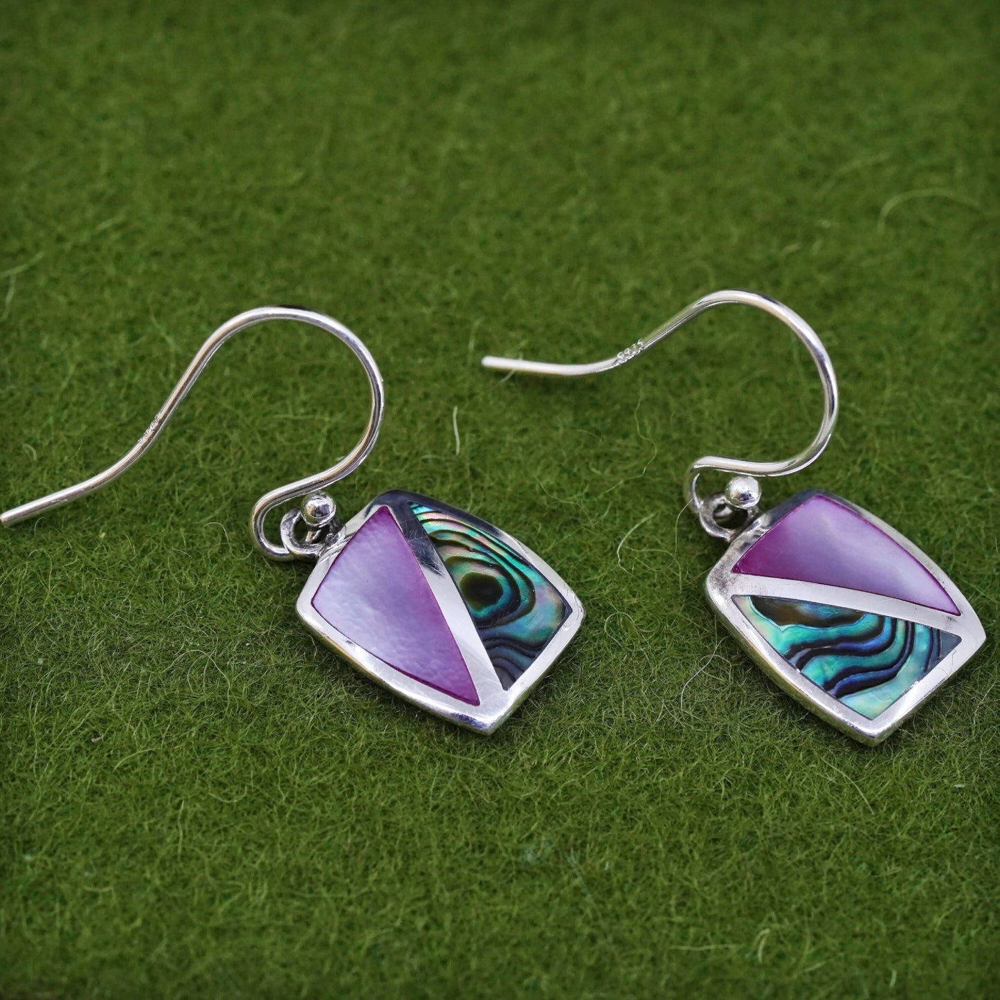 sterling silver earrings, 925 regtangular with abalone and pink mother of pearl