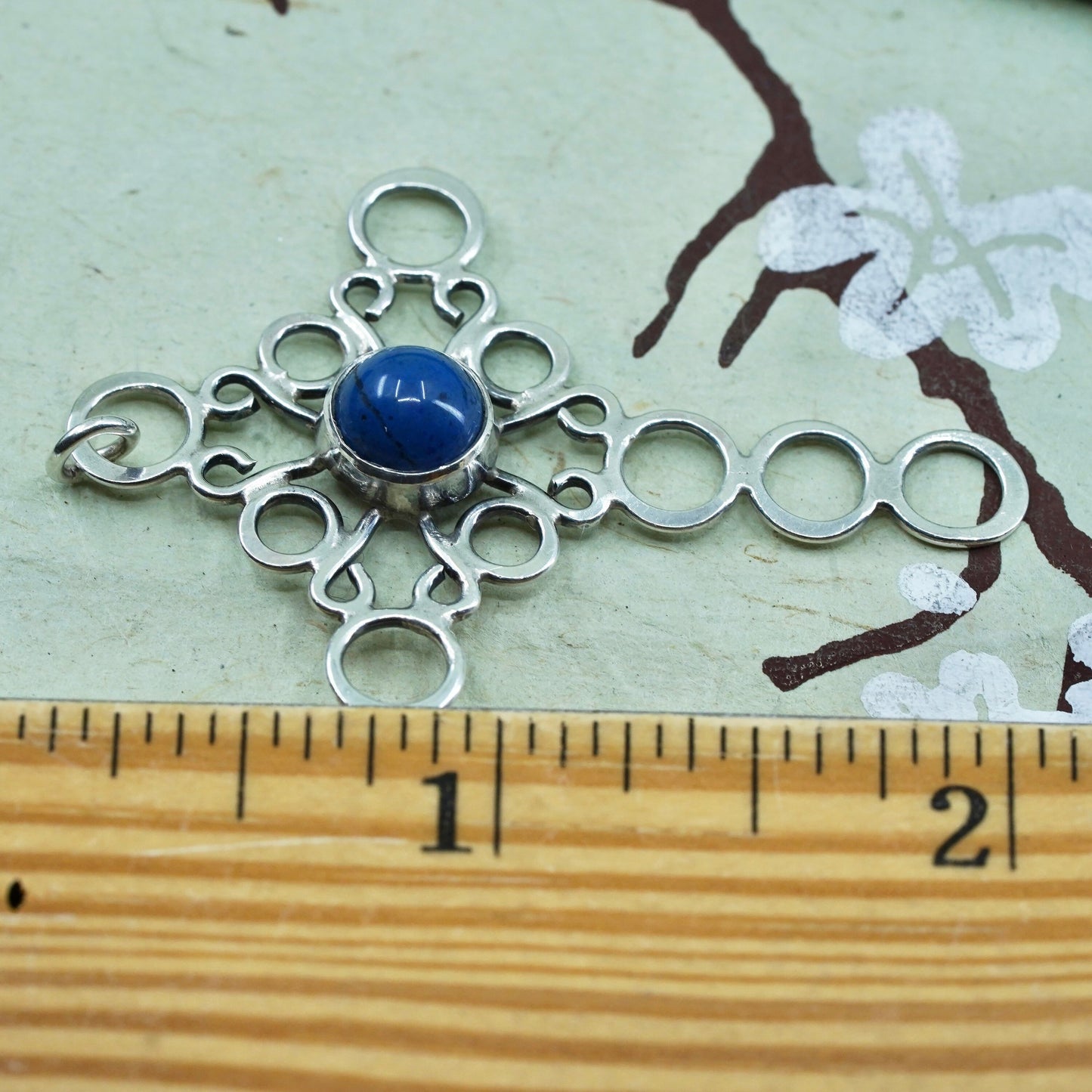 Vintage sterling silver 925 circle cross handmade pendant with blue jasper