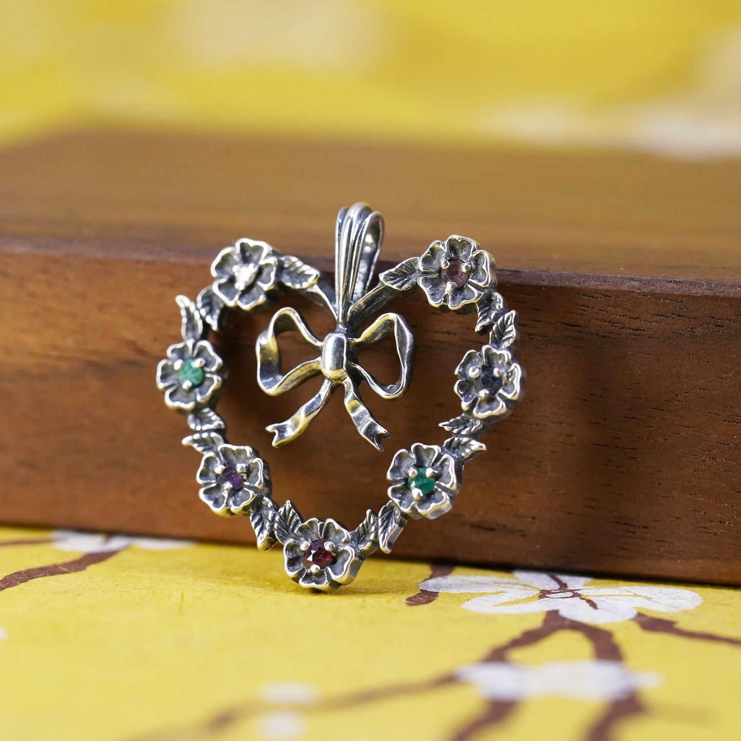 Sterling silver pendant, 925 flower heart ribbon charm emerald ruby sapphire