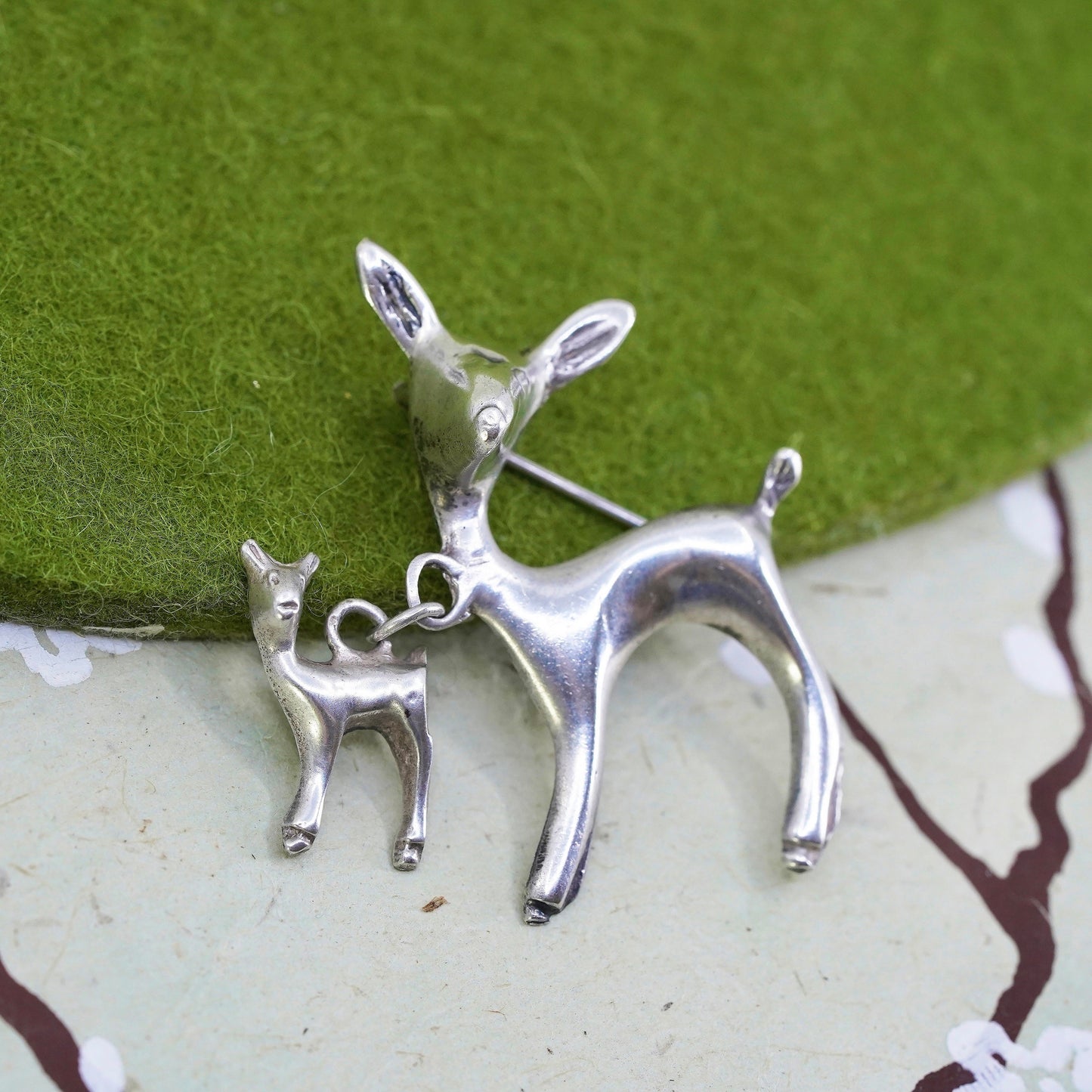 Vintage sterling silver handmade brooch, solid 925 silver deers, motherhood