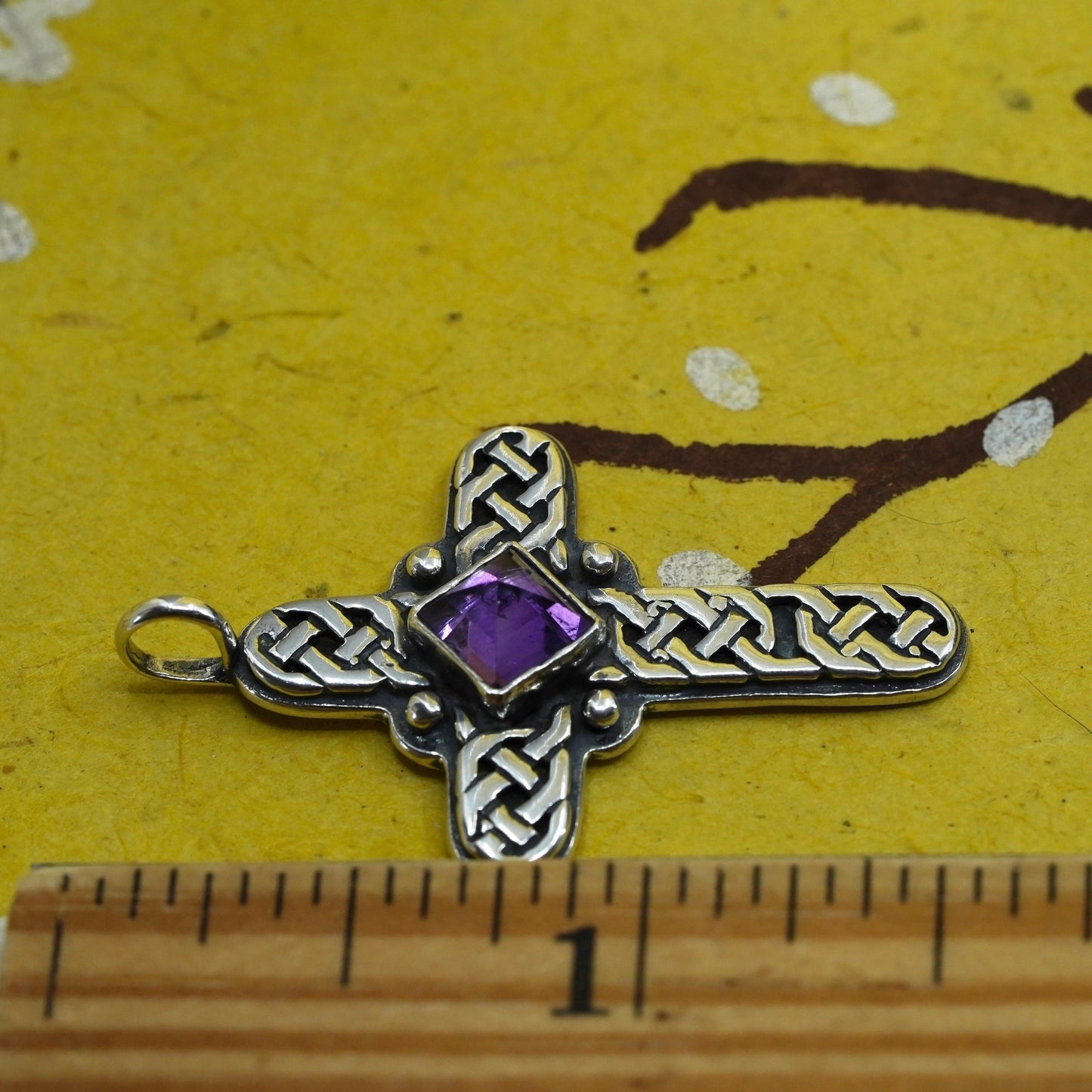 Vintage Sterling silver handmade pendant, textured 925 cross charm w/ amethyst