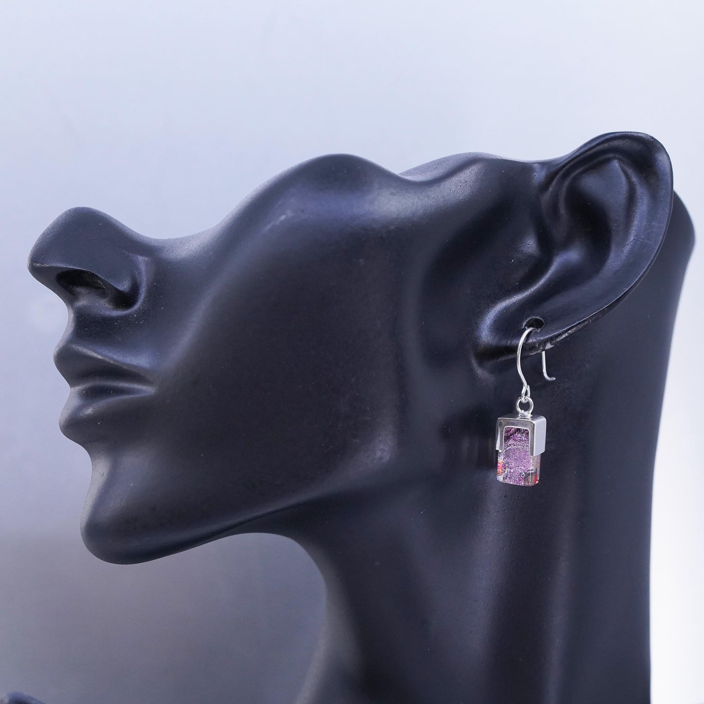 Vintage RG Sterling 925 silver handmade earrings with pink Dichroic Glass