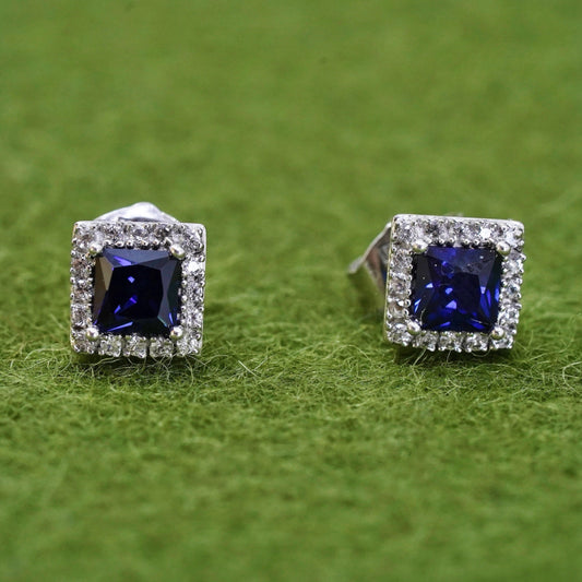 Vintage Sterling silver handmade earrings, 925 studs with sapphire cluster Cz