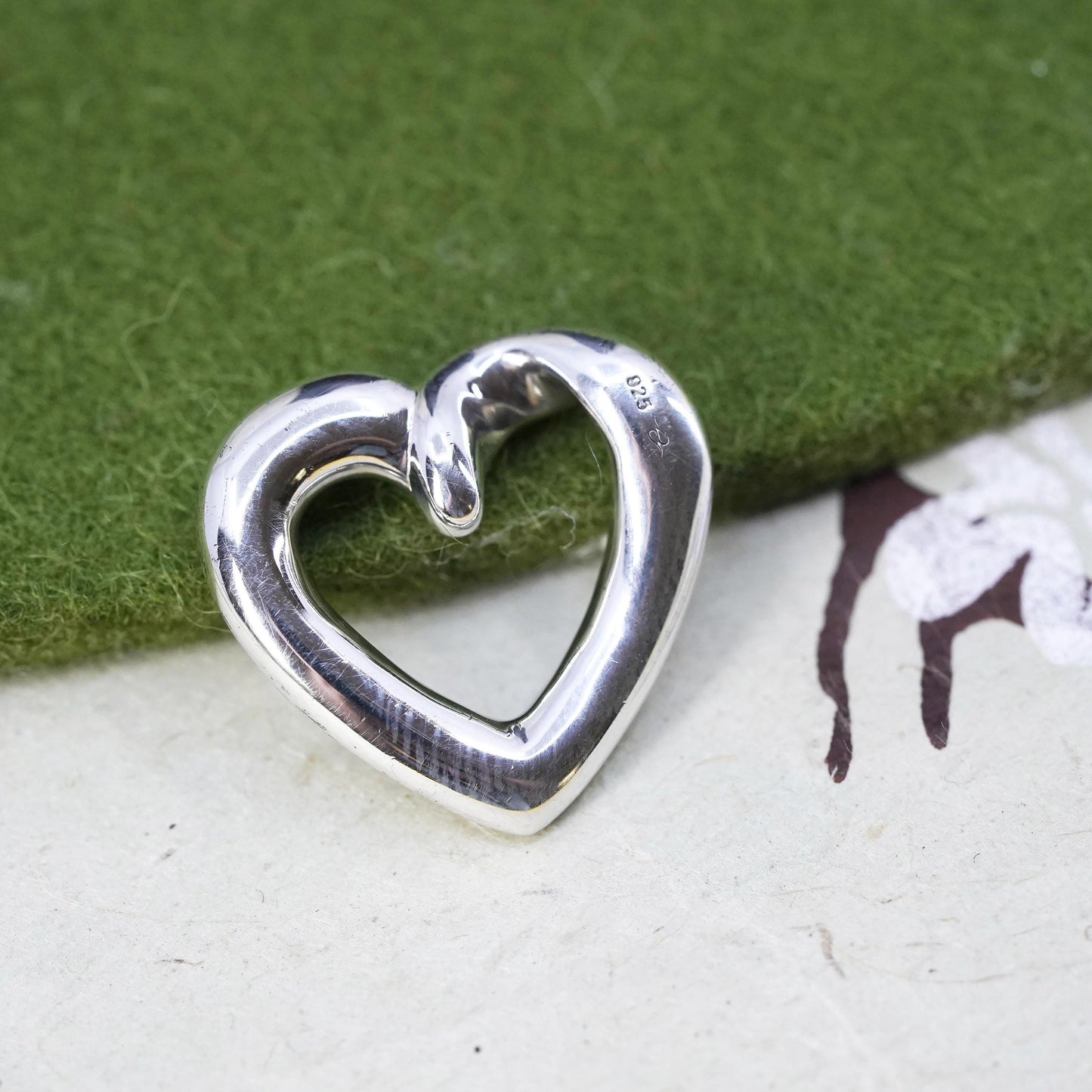 Vintage handmade sterling silver heart shaped pendant, solid 925 silver charm