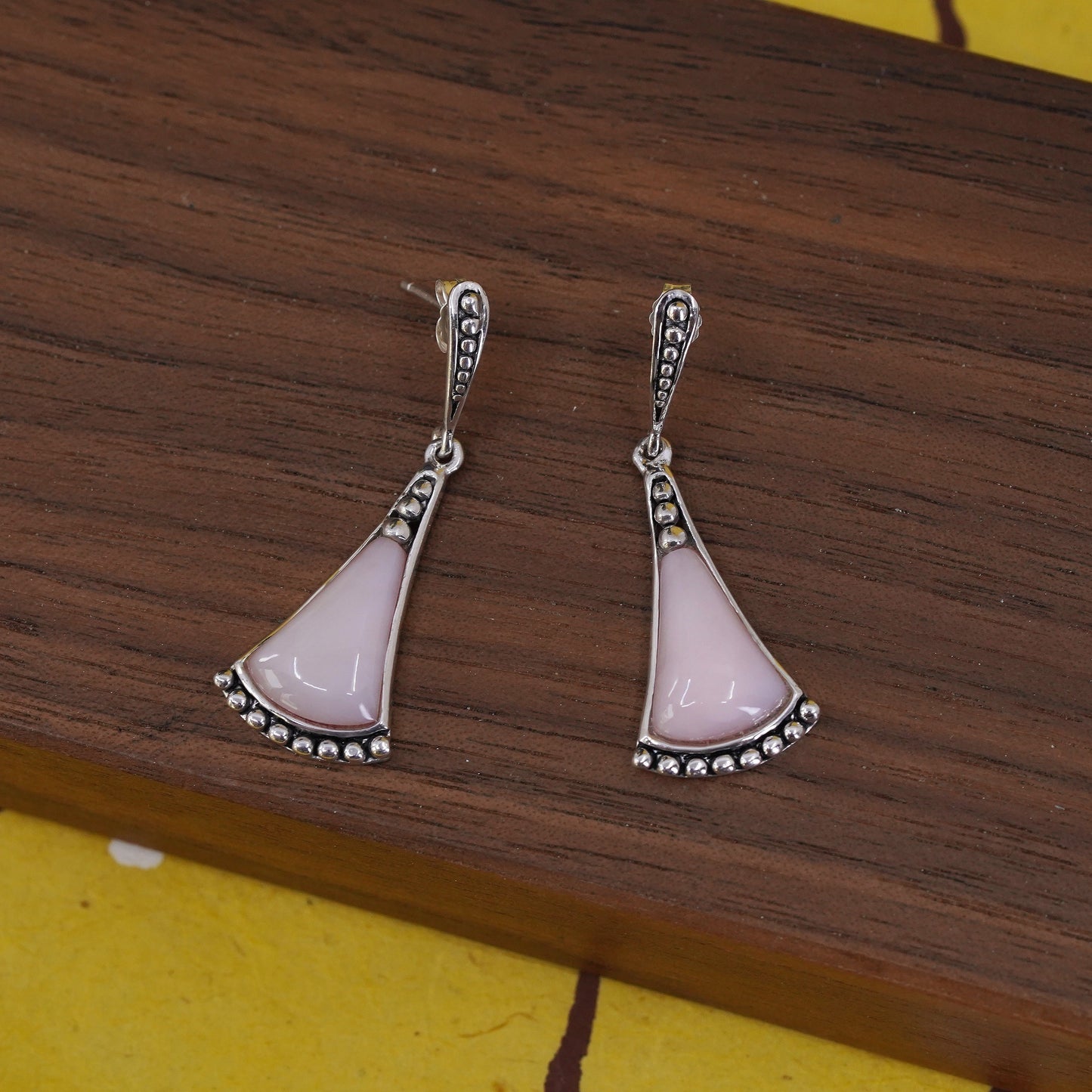 Vintage Sterling 925 silver handmade earrings with teardrop pink rose quartz