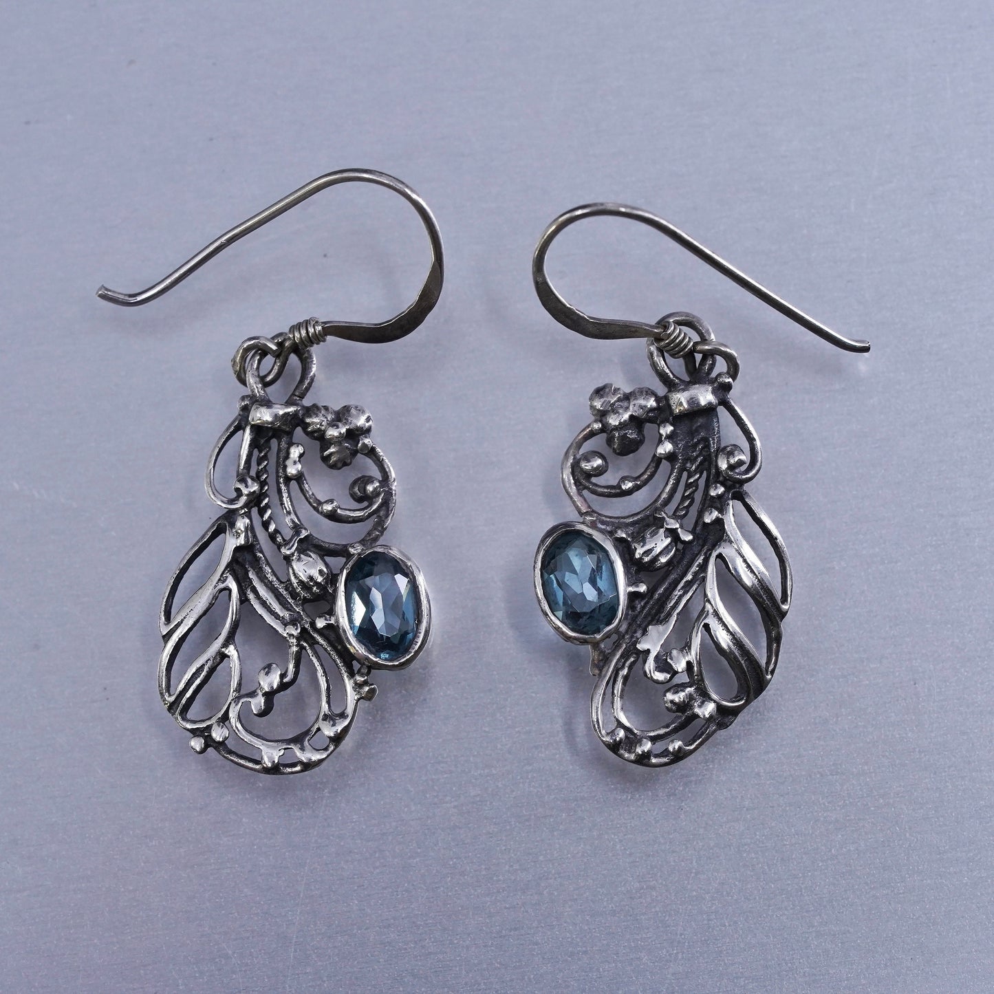 Vintage Sterling 925 silver filigree beaded earrings with blue topaz