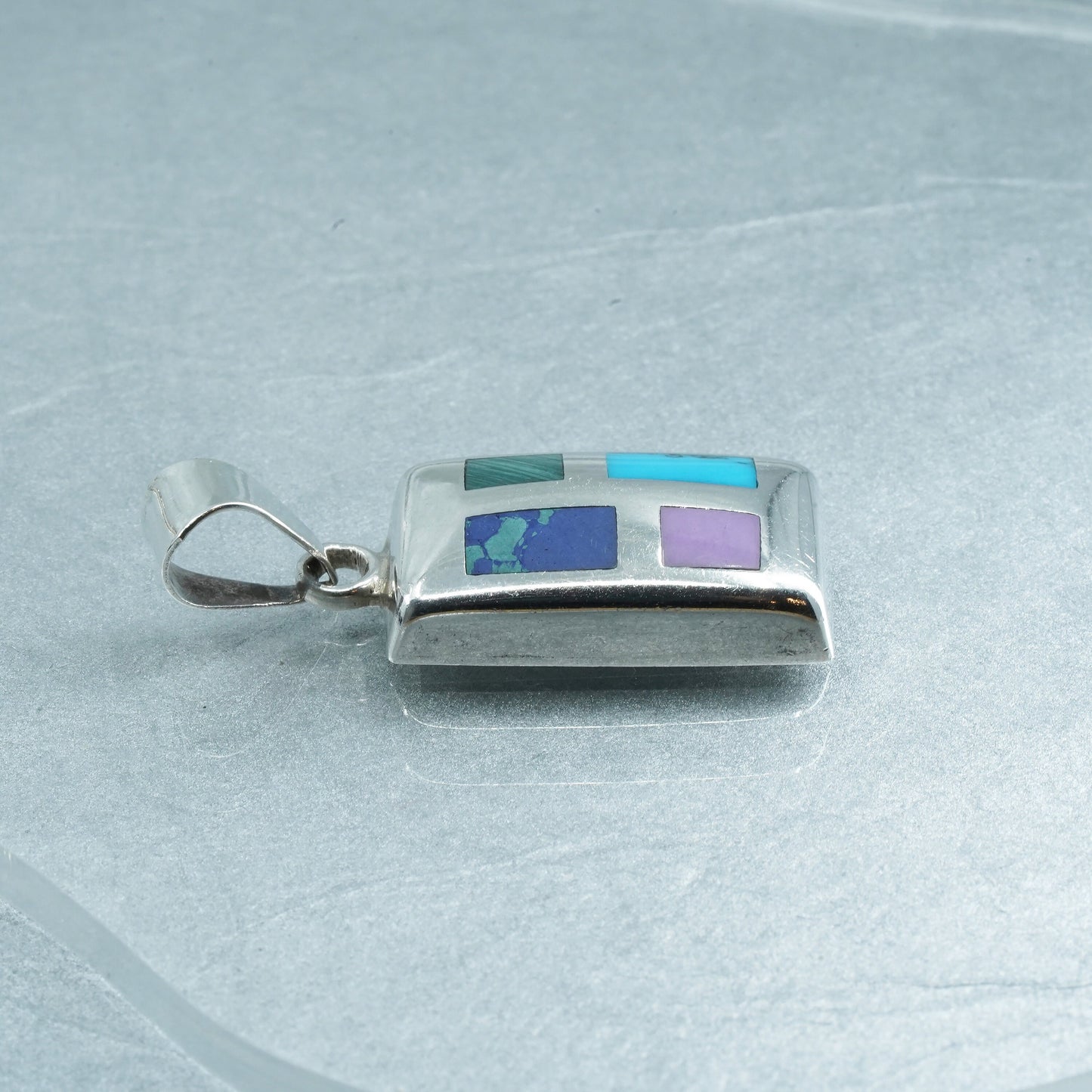 sterling 925 silver regtangular pendant with turquoise malachite sodalite inlay