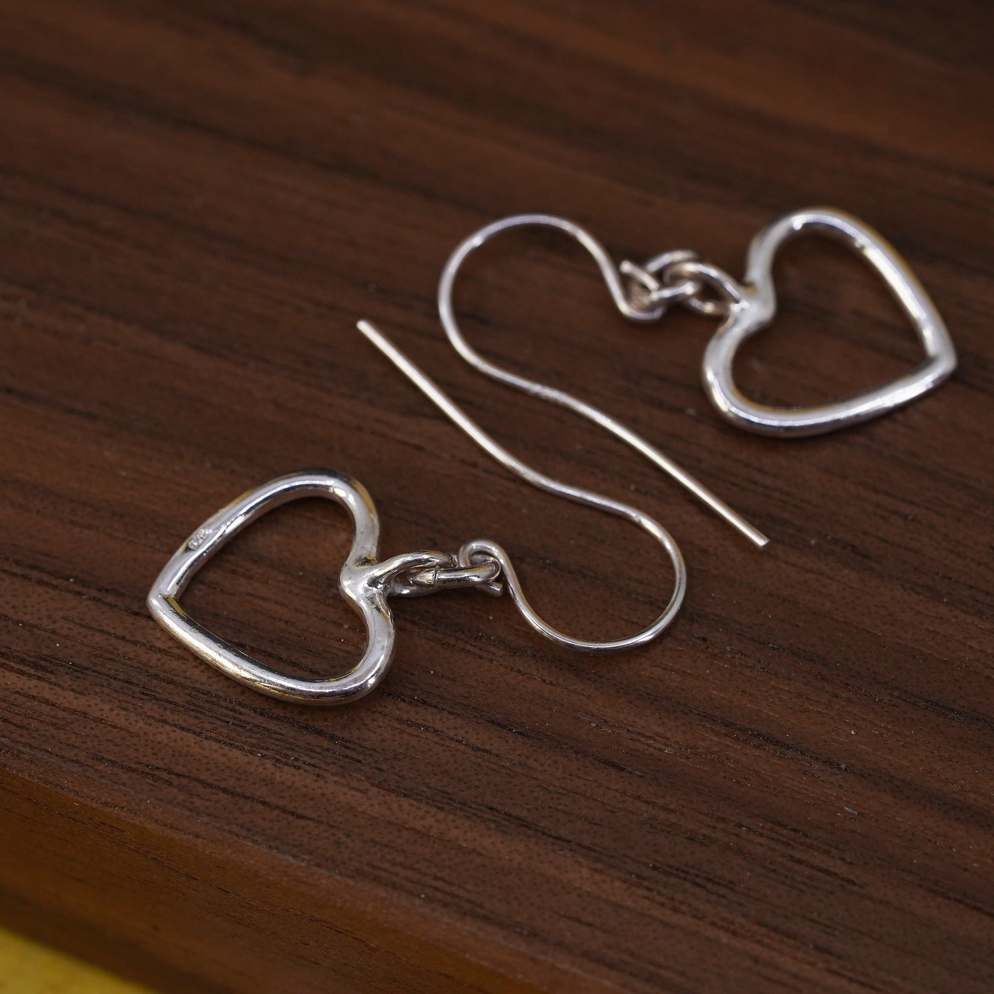 vintage handmade sterling silver earrings, 925 heart shaped dangles