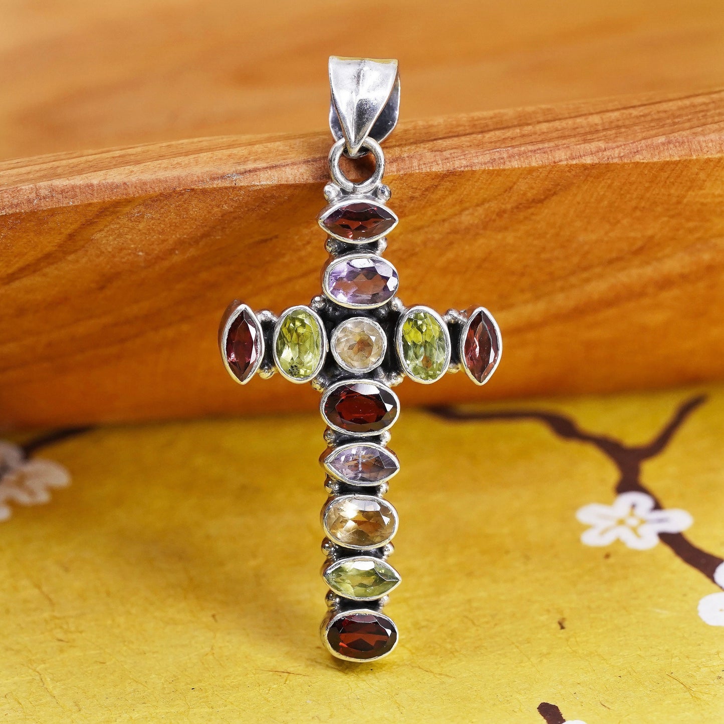 Sterling silver 925 pendant with amethyst ruby peridot citrine cross pendant