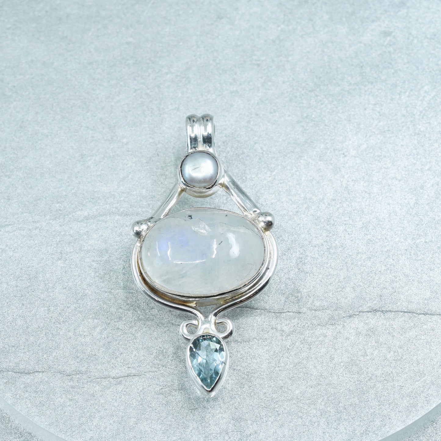 Vintage sterling 925 silver handmade pendant with moonstone pearl blue topaz