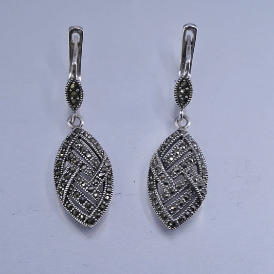 Vintage Sterling 925 silver marquise shaped dangles earrings with marcasites