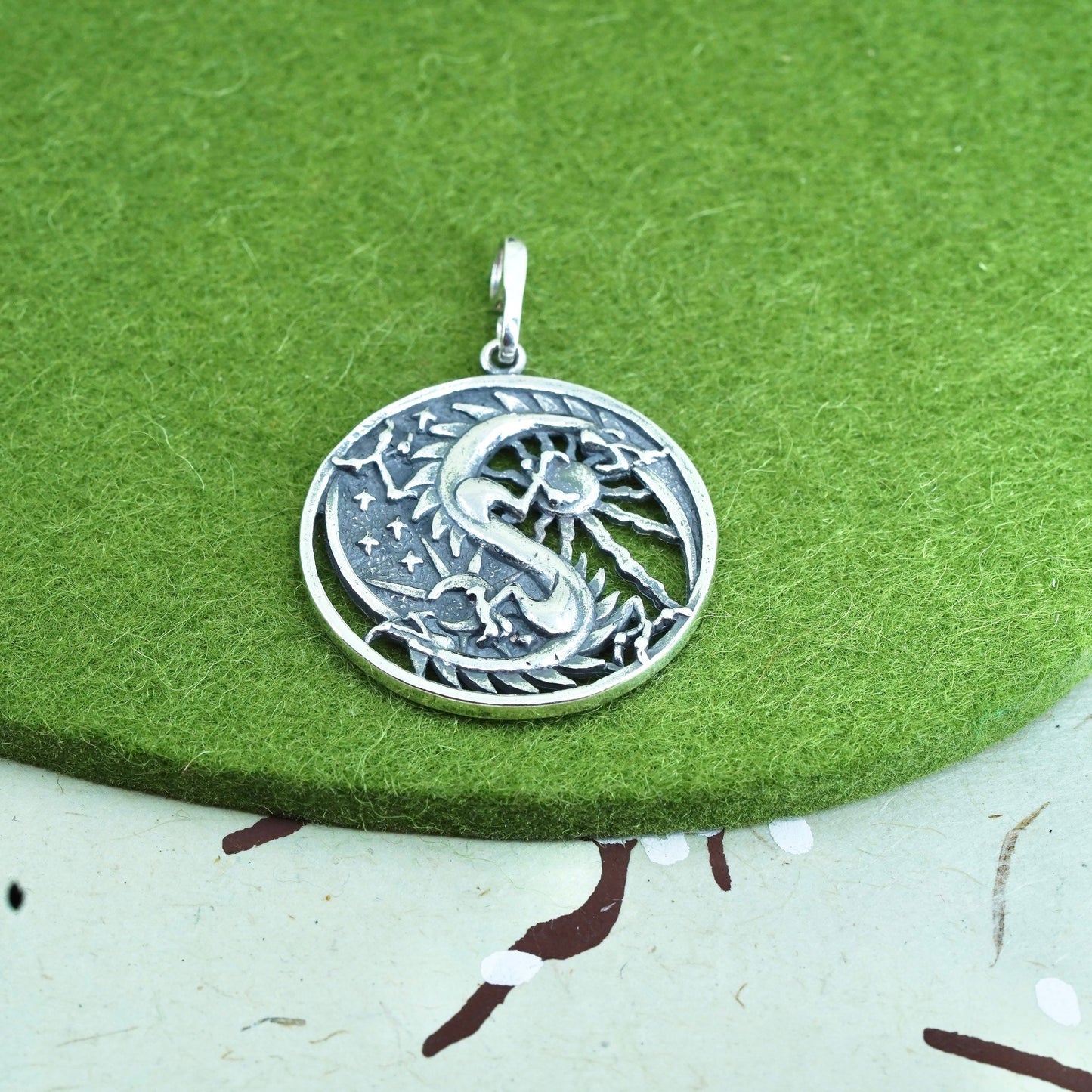 Vintage sterling silver handmade pendant, 925 dragon sun moon circle