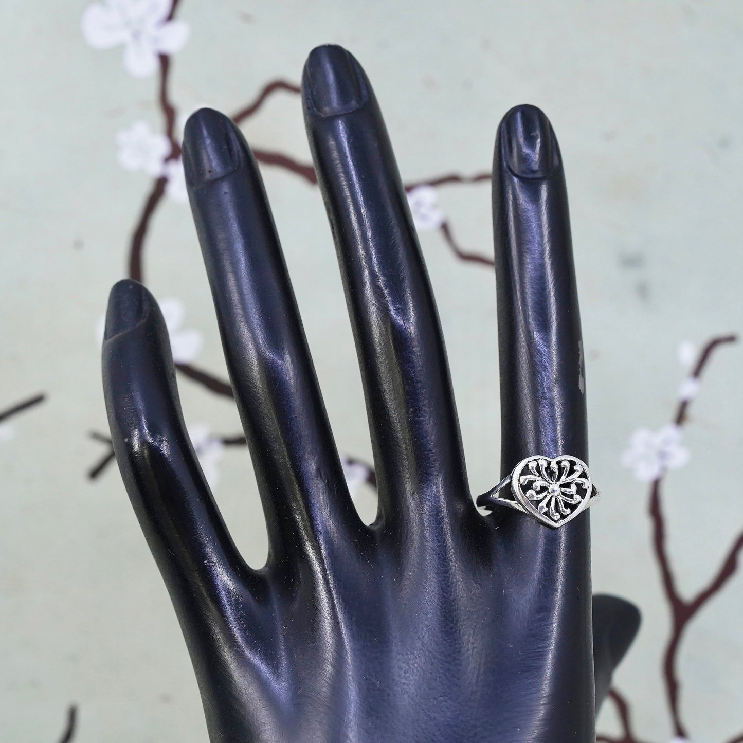 Size 7.5, Vintage sterling silver handmade wired ring, 925 filigree heart band