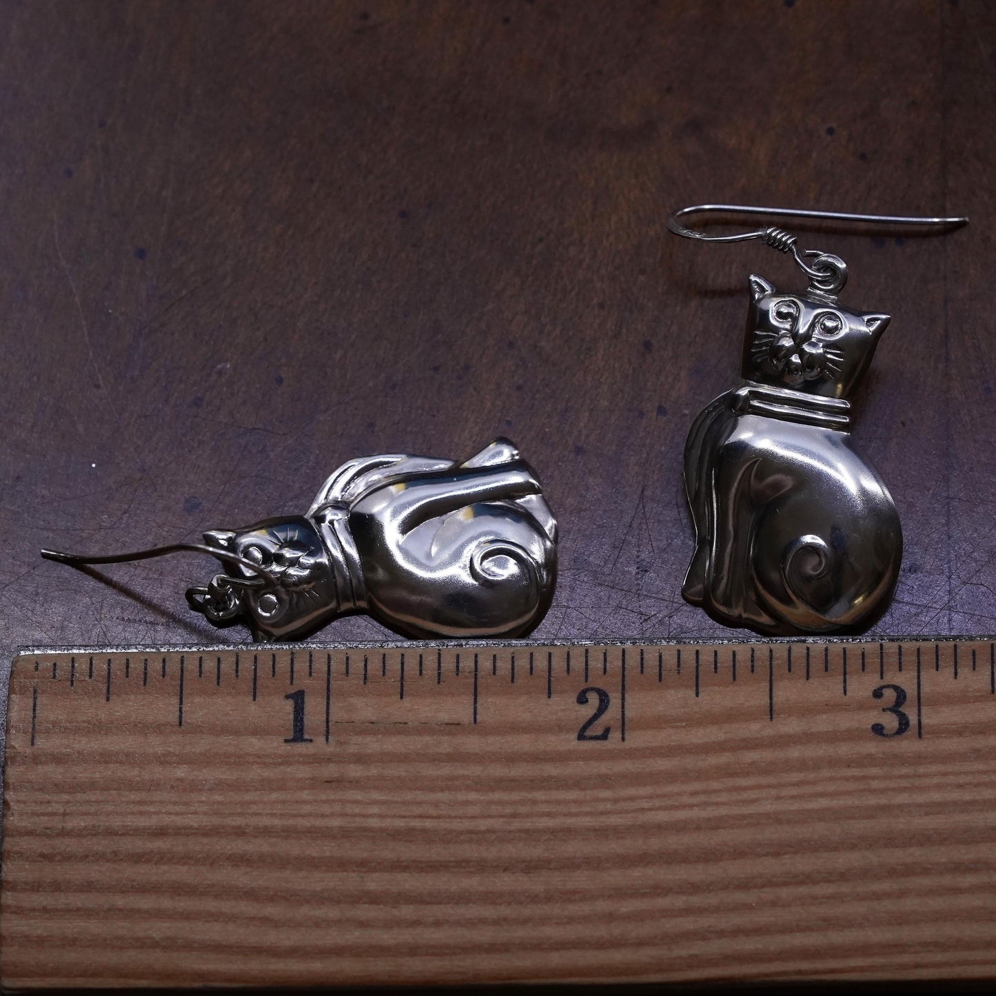 Vintage sterling silver handmade earrings, puffy 925 cat dangles