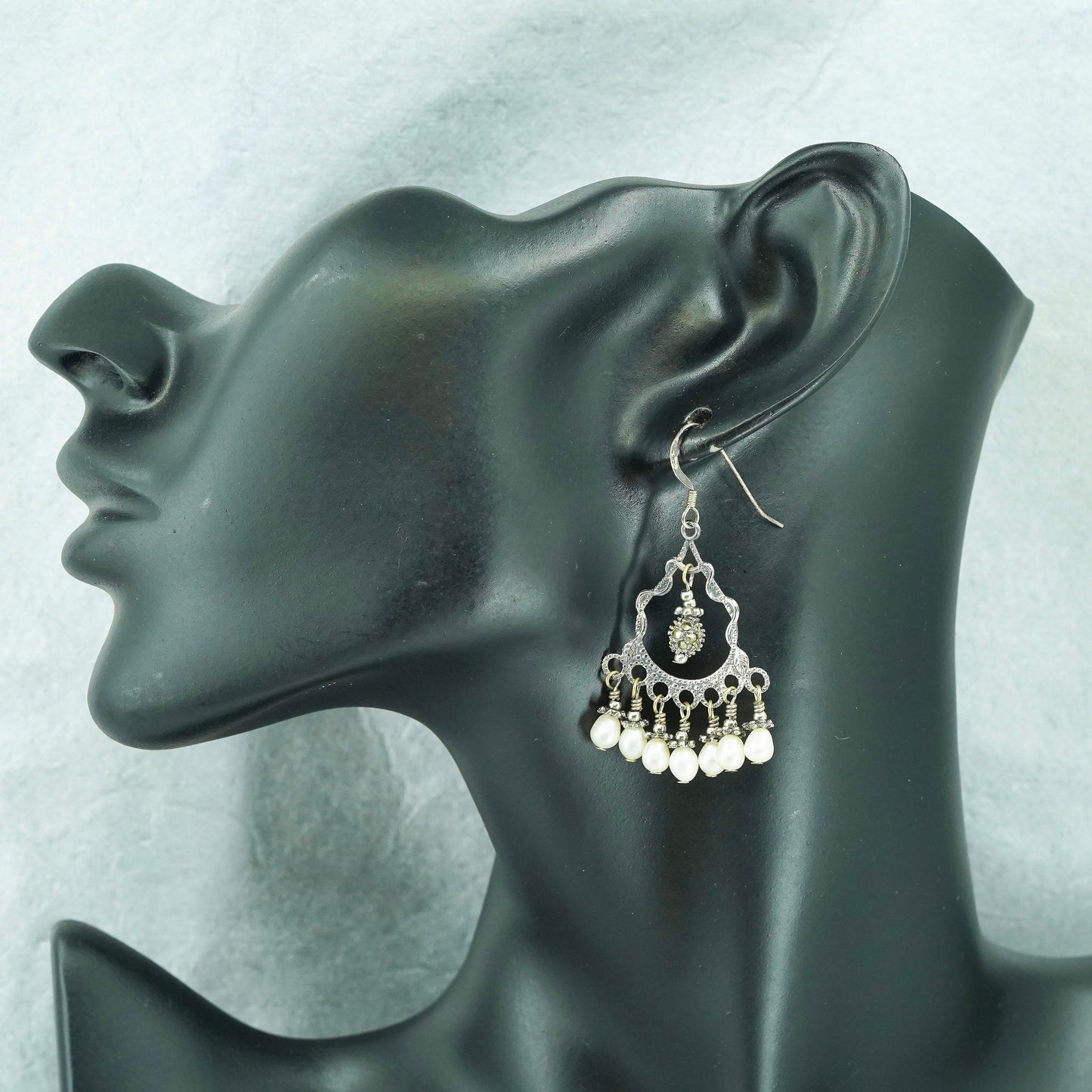 Vintage Sterling 925 silver handmade filigree earrings with cluster pearl