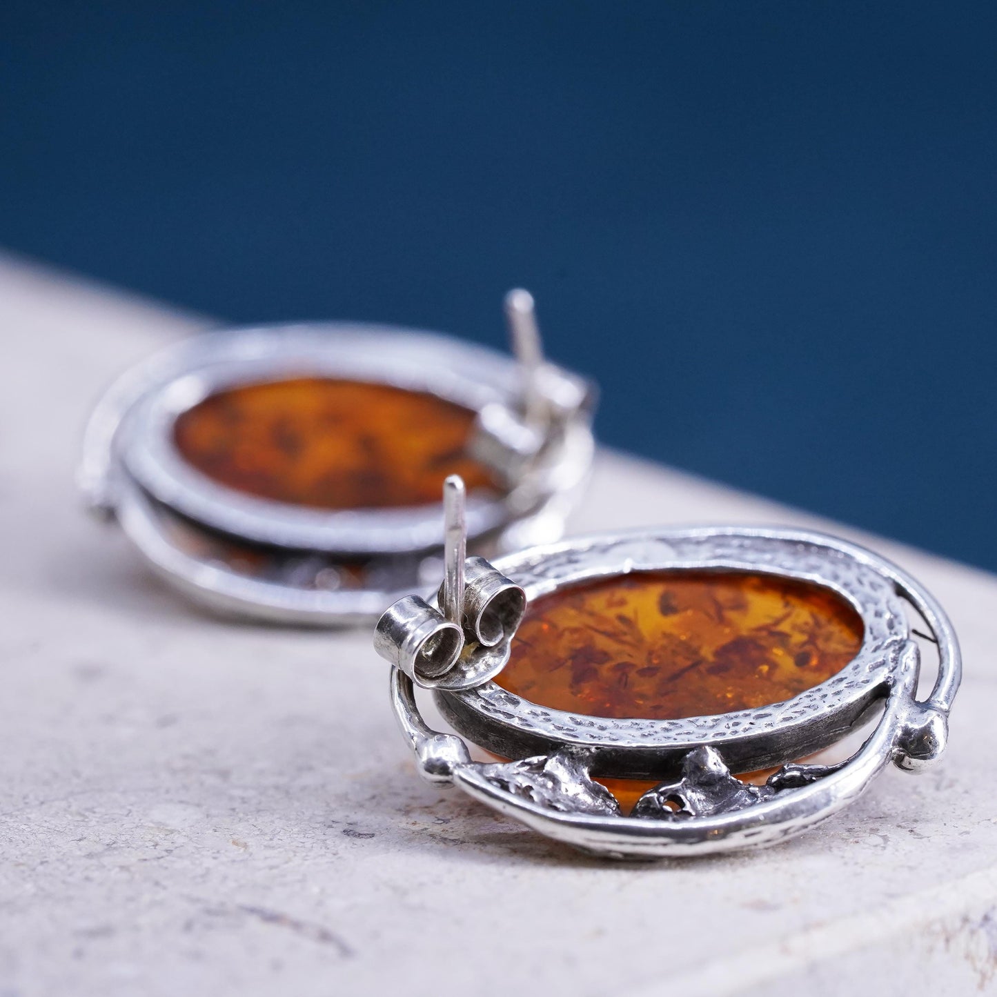 Vintage sterling silver handmade earrings, 925 oval studs with amber and leaves