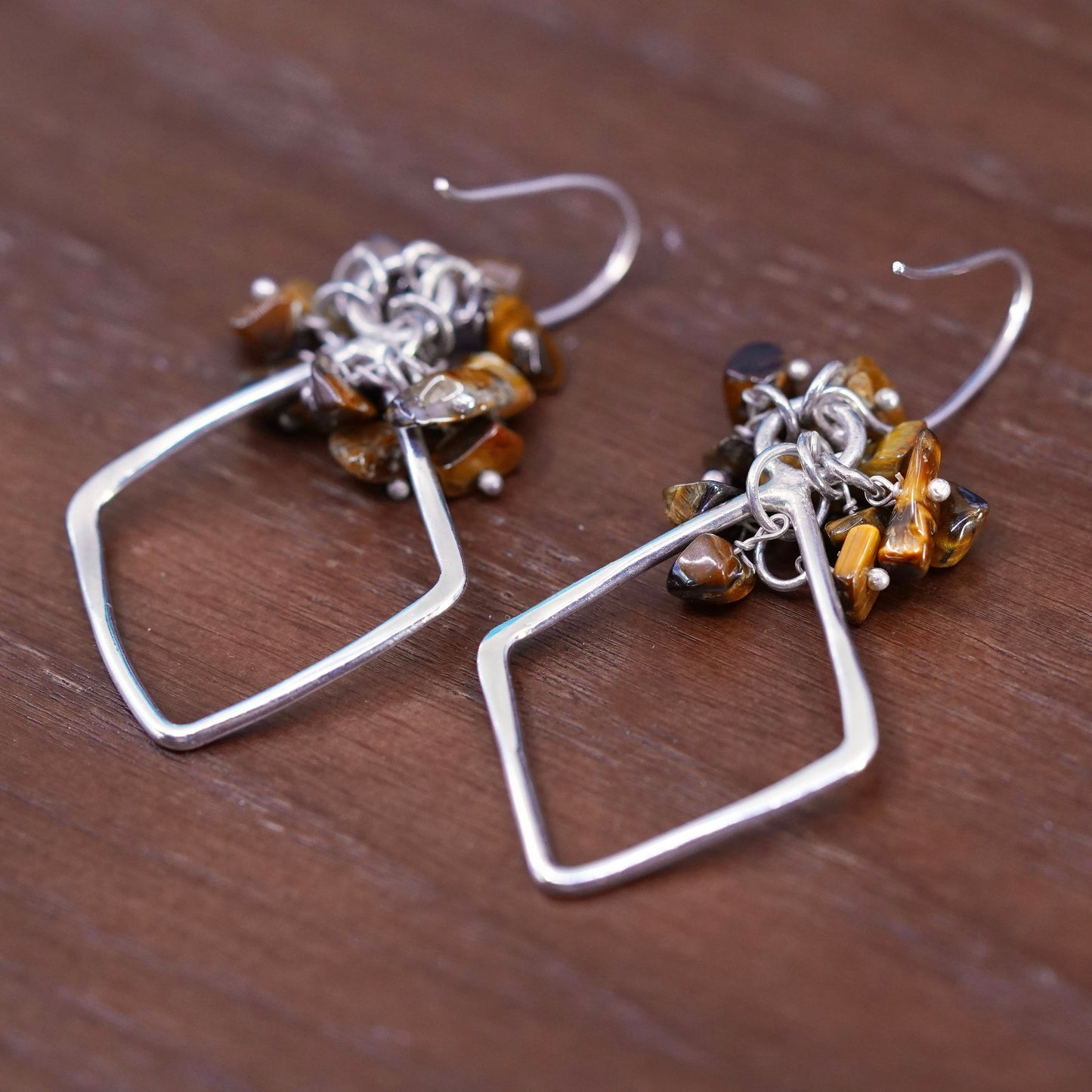 Sterling silver earrings, 925 diamond drops cluster golden tiger eye beads