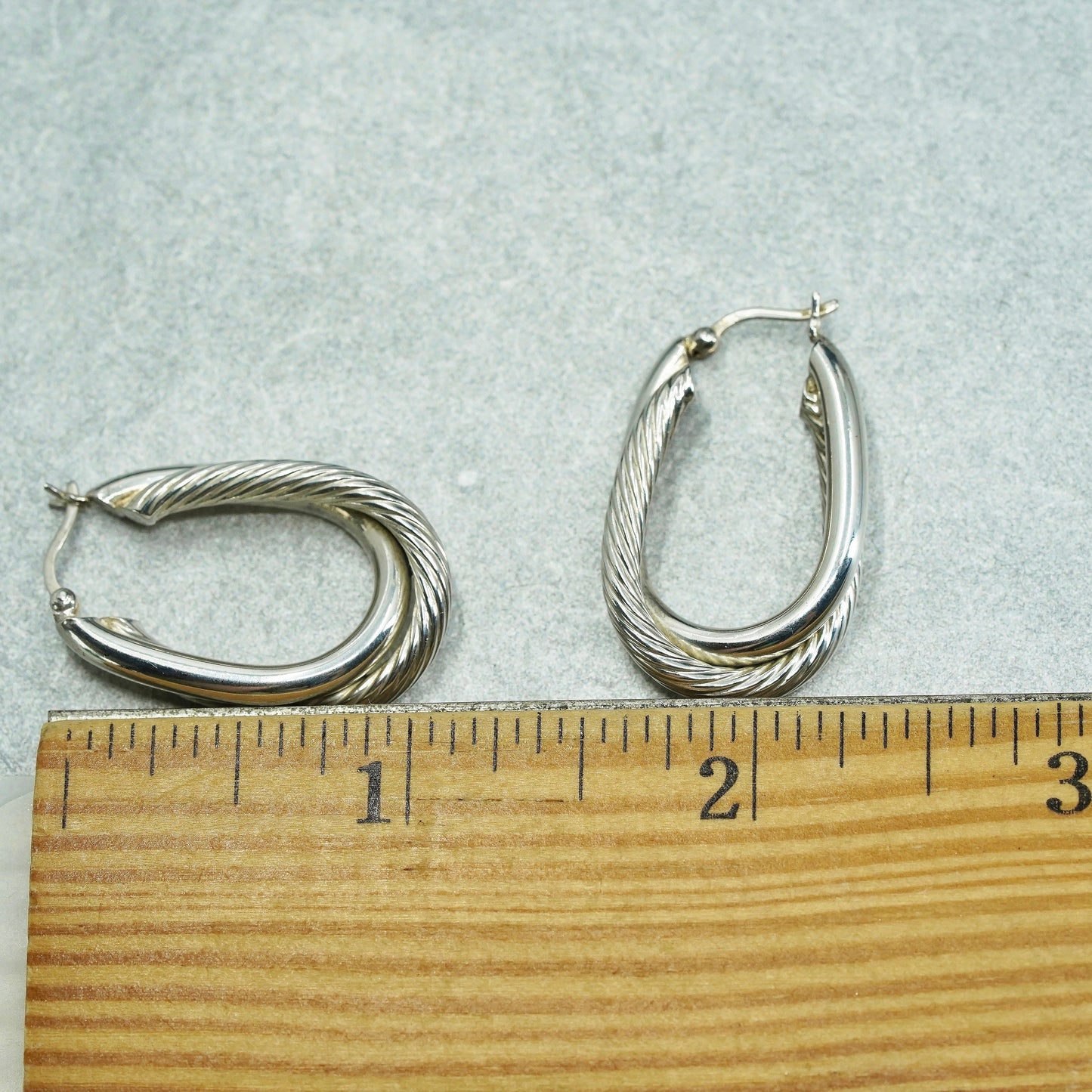 1.25”, vintage Sterling silver handmade earrings, 925 twisted oval hoops