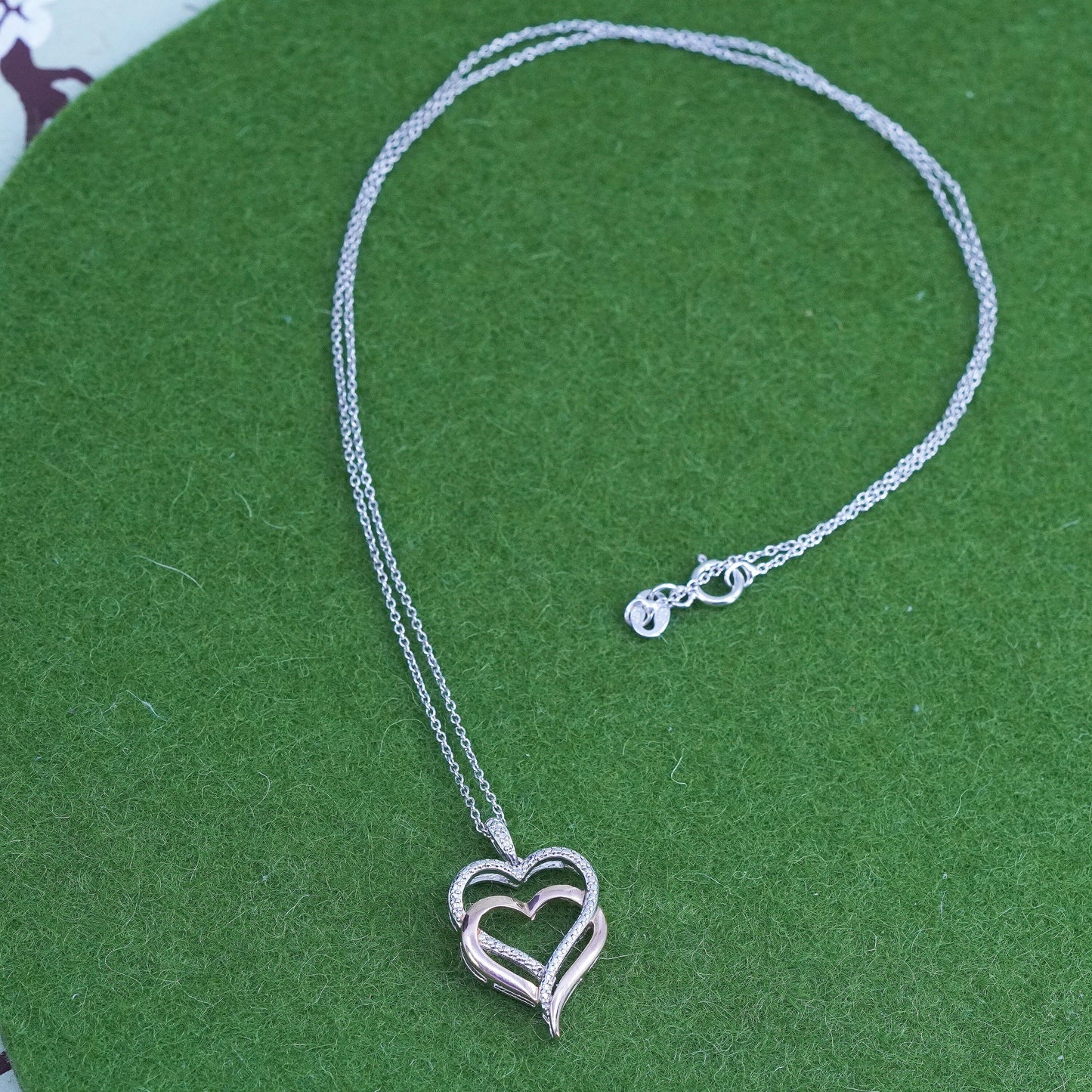 18", rose gold Sterling silver necklace, 925 circle chain heart diamond pendant