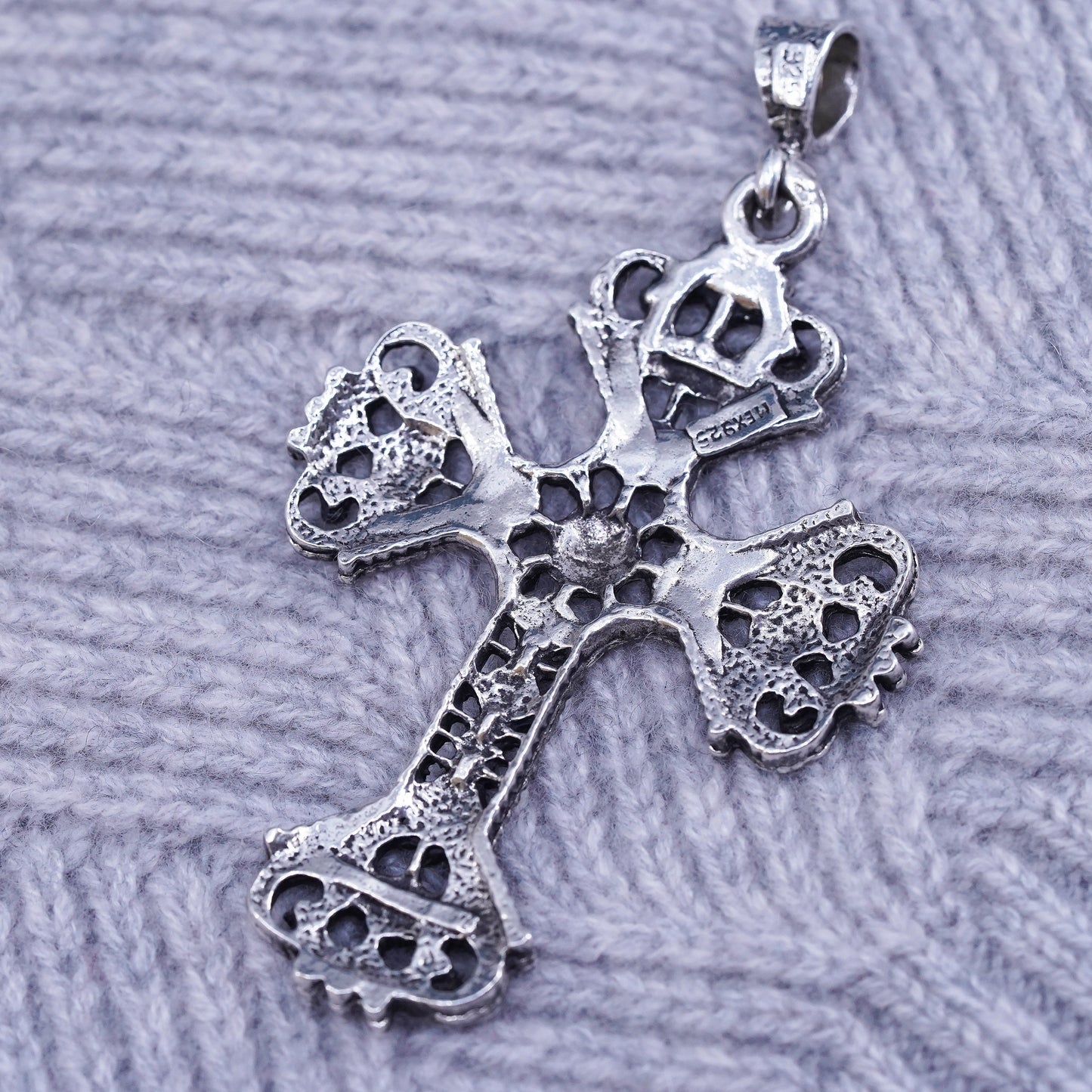 Mexican Sterling silver handmade pendant, huge 925 bead textured cross charm