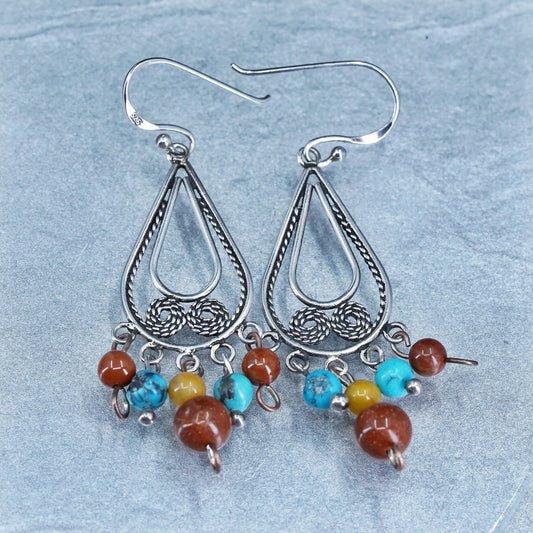 Vintage Sterling 925 silver filigree teardrop earrings with turquoise jasper