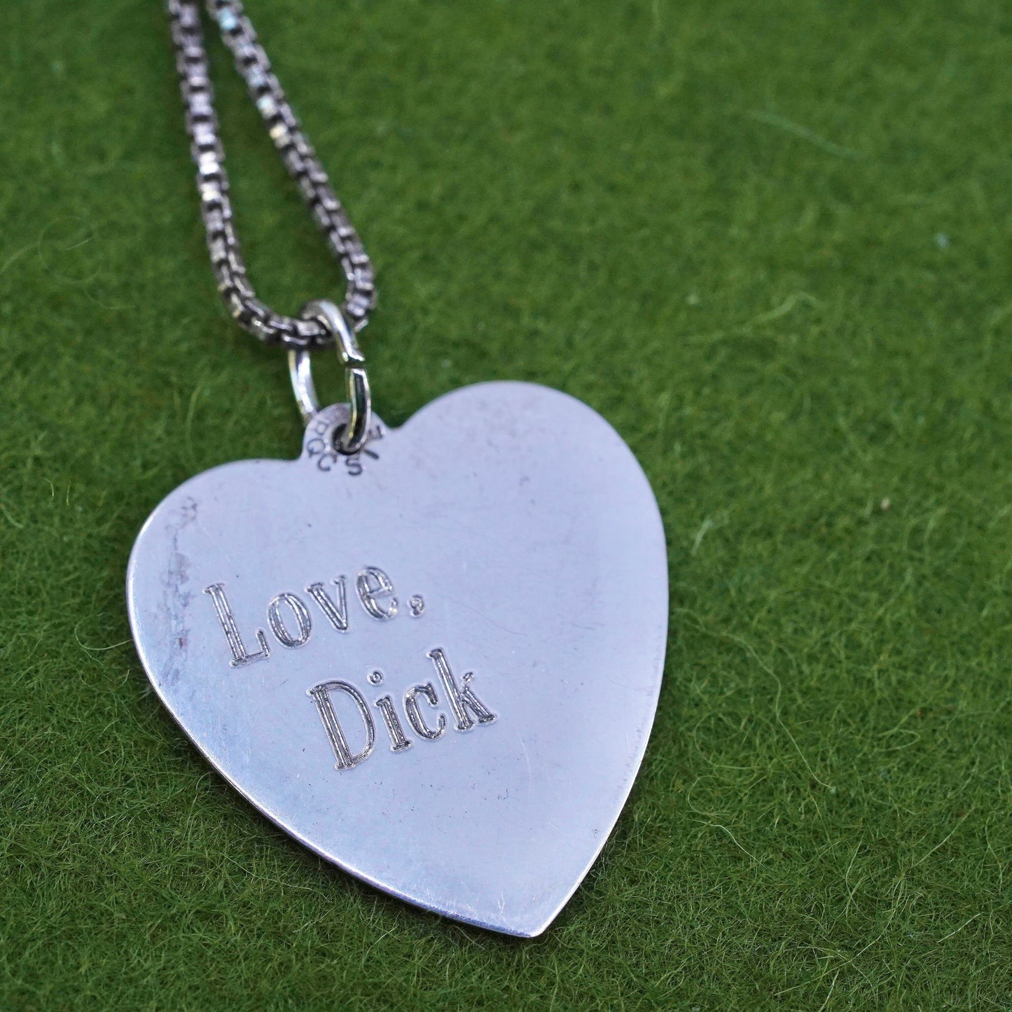 20”, sterling silver box chain necklace heart pendant engraved “sis love dick”