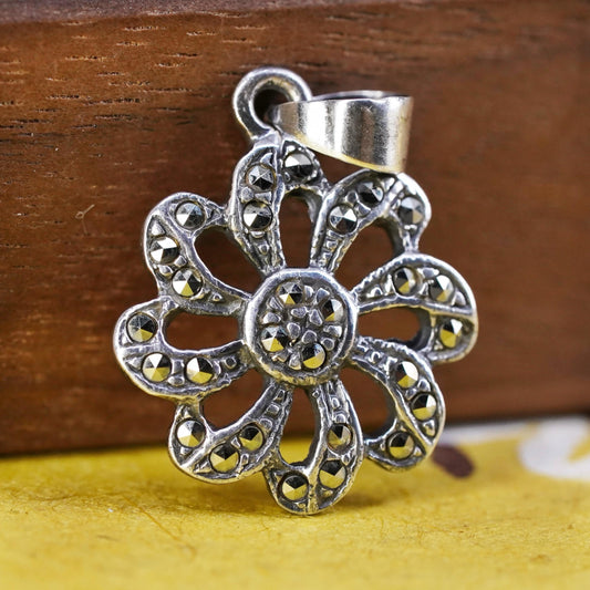 Vintage Sterling silver handmade pendant, flower 925 charm with marcasite