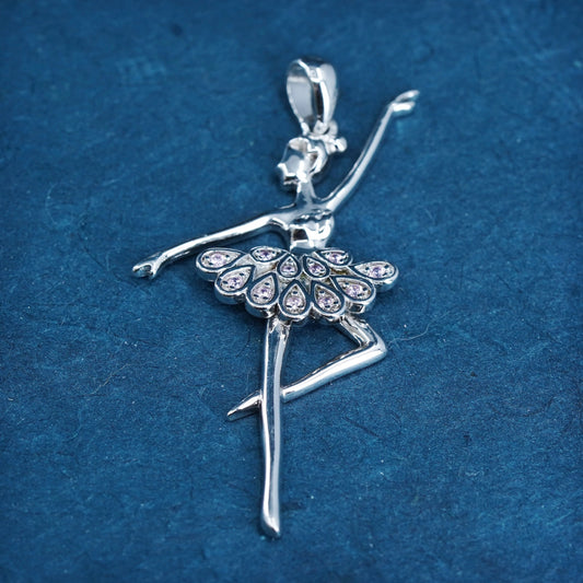 vtg Sterling silver pendant, 925 ballerina dancer with cluster diamond skirt