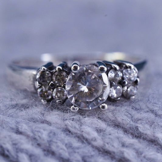 Size 10, vintage Sterling 925 silver engagement ring with cluster Cz around