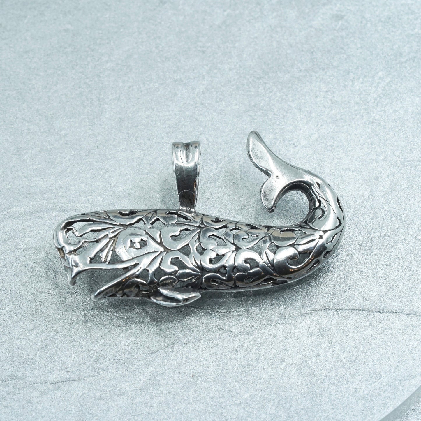 Vintage Jezlaine Sterling silver charm, 925 filigree whale pendant
