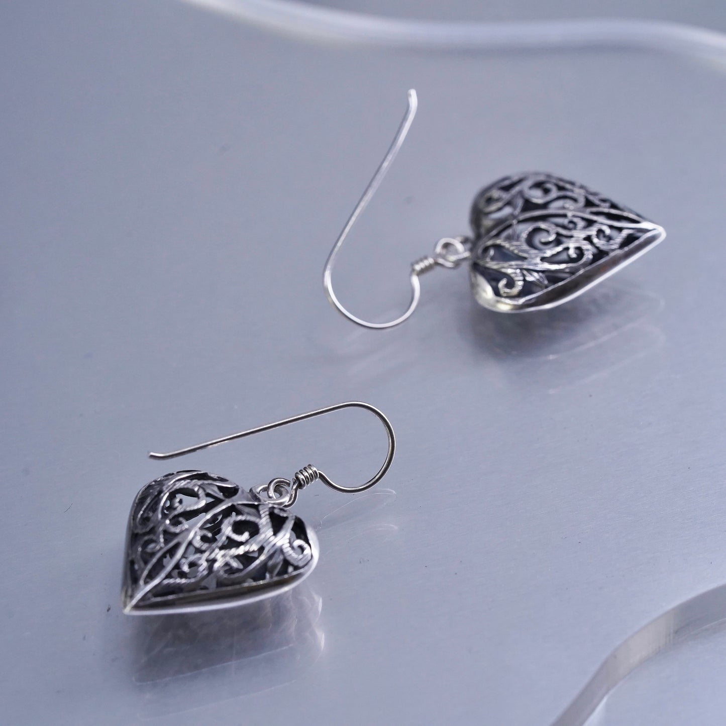 Vintage Sterling 925 silver handmade filigree puffy heart earrings